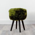 Olive Green Sheepskin Wood Stool // Black Legs