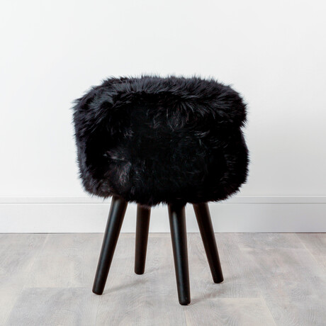 Black Sheepskin Wood Stool // Black Legs