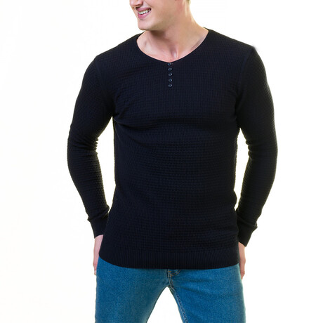 0229 Tailor Fit Neck Button Sweater // Black (S)