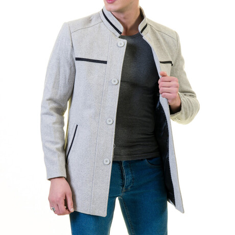 Slim Fit High-Collar Black-Stripe Coat // Light Gray (M)