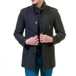 Slim Fit High-Collar Button-Detail Coat // Black Melange (3XL)