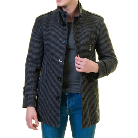 Slim Fit High-Collar Button-Detail Coat // Black Melange (M)