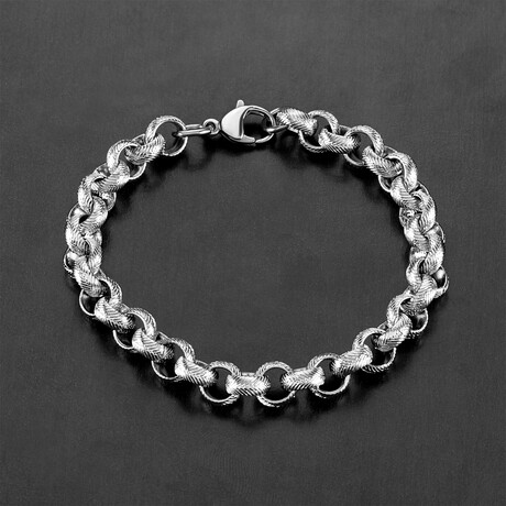Textured Stainless Steel Rolo Chain Bracelet // Silver // 9mm