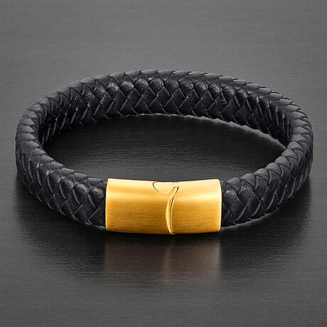 Wide Leather + Slide Lock Clasp Bracelet // Black + Gold
