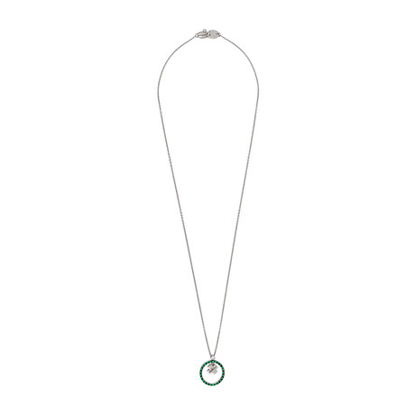 18K White Gold Diamond + Emerald Necklace // 17" // New