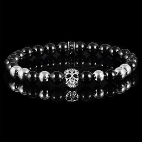 Onyx + Stainless Steel Skull Beaded Stretch Bracelet // 8mm (Silver)