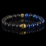 Gold Plated Steel Skull + Matte Onyx + Blue Tiger Eye Stone Stretch Bracelet // 8mm
