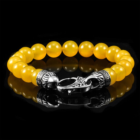 Yellow Agate Stone + Antiqued Steel Clasp Beaded Bracelet // 10mm