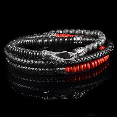 Onyx + Hematite + Dyed Red Turquoise Stone + Stainless Steel Clasp Leather Wrap Bracelet // 6mm