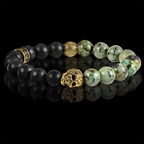 African Turquoise + Matte Onyx + Gold Plated Stainless Steel Skull Stretch Bracelet // 10mm