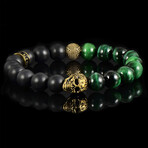 Gold Plated Steel Skull + Matte Onyx + Tiger Eye Stone Stretch Bracelet // 10mm (Green)