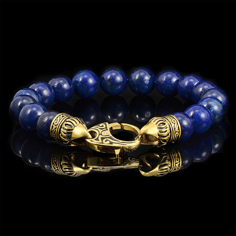 Lapis Lazuli Stone + Antiqued Gold Plated Steel Clasp Beaded Bracelet // 10mm