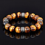 Tiger Eye Stone + Steel Tribal Accents Beaded Stretch Bracelet // 12mm (Brown)