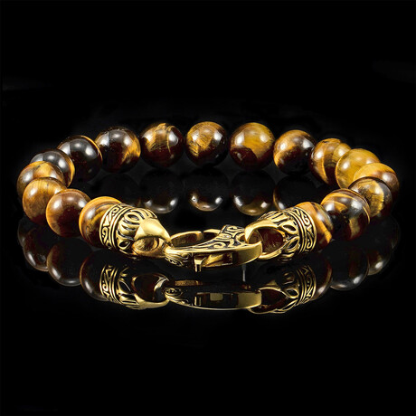 Tiger Eye Stone + Antiqued Gold Plated Steel Clasp Beaded Bracelet // 10mm
