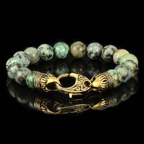 Turquoise Stone + Antiqued Gold Plated Steel Clasp Beaded Bracelet // 10mm (Multicolor)