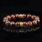 Red Tiger Eye Stone + Gold Plated Steel Tribal Accents Beaded Stretch Bracelet // 12mm