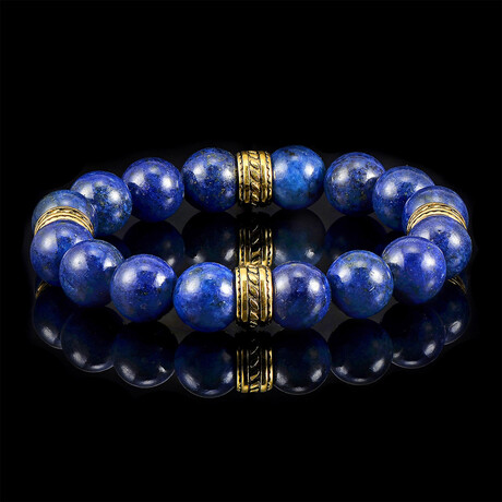 Lapis Lazuli Stone + Gold Plated Steel Tribal Accents Beaded Stretch Bracelet // 12mm