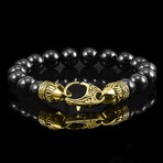Onyx Stone + Antiqued Gold Plated Steel Clasp Beaded Bracelet // 10mm