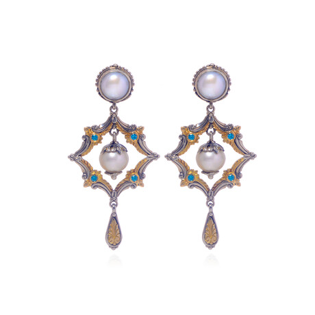 Konstantino // Sterling Silver + 18k Yellow Gold + Pearl + Blue Spinel Dangle Earrings // Store Display