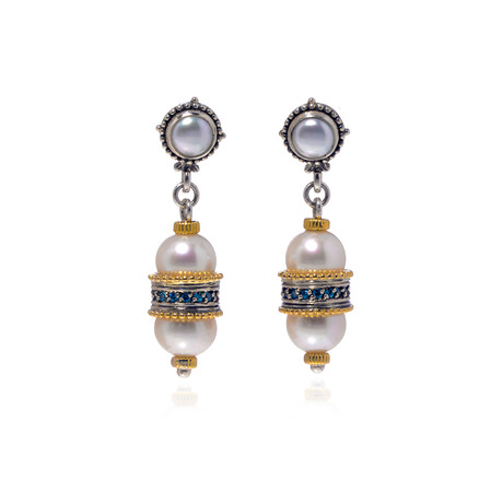 Konstantino // Sterling Silver + 18k Yellow Gold + Pearl + Blue Spinel Earrings // Store Display