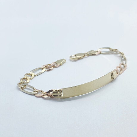 14K Solid Three-Toned Gold Figaro ID Bracelet // 8" // 7.5mm