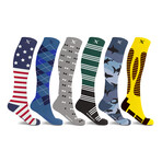 6-Pairs // Knee-High Everyday Wear Compression Socks // Multi Pattern (Small/Medium)