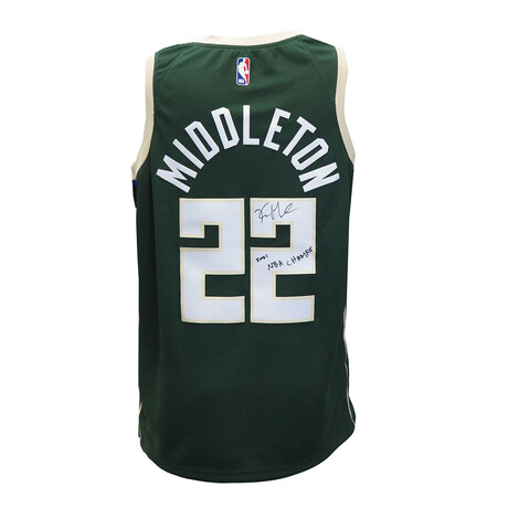 Khris Middleton // Signed Milwaukee Bucks Green Jersey // "2021 NBA Champs" Inscription
