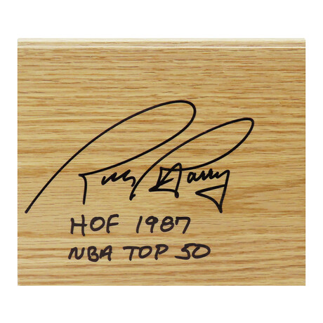 Rick Barry // Signed 5x6 Floor Piece // "HOF 1987" + "NBA Top 50" Inscription