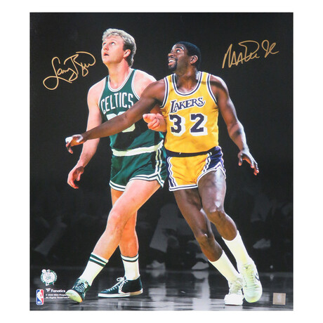 Larry Bird & Magic Johnson Signed Celtics vs Lakers NBA Action Spotlight 16x20 Photo