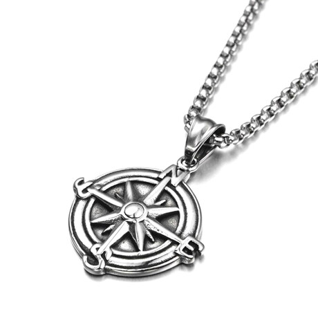 Stainless Steel Minimalist Vintage Compass Pendant + Box Chain Necklace // 26"