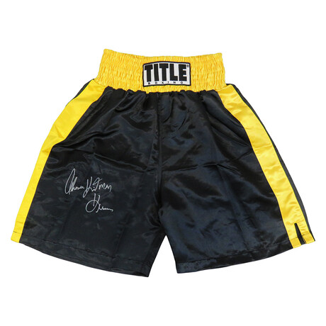 Thomas Hearns Signed Title Black With Yellow Waist Boxing Trunks w/Hitman