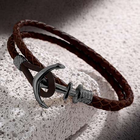 Leather Bracelet + Anchor // Burgundy + Black