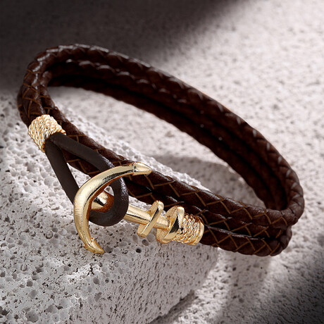 Leather Bracelet + Anchor // Burgundy + Gold