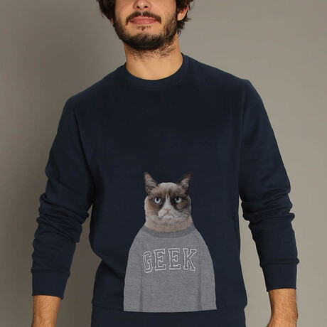 Wooop // Grumpy Cat Sweatshirt // Navy (Small)