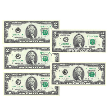 2003 $2 U.S. Federal Reserve Notes // Set of 5 Sequential Serial Numbers // Choice Crisp Uncirculated // Deluxe Collector's Pouch
