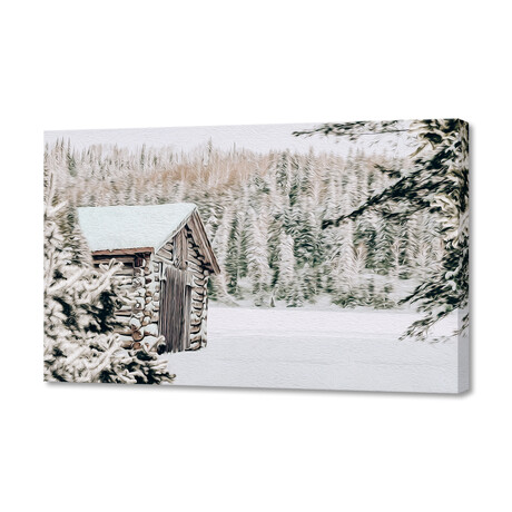 Wooden House in a Pine Forest in Winter (8"H x 12"W x 0.75"D)