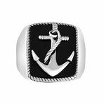 Sterling Silver + Onyx Anchor Ring // Ring Size: 10