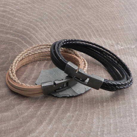 Leather Multi Strand T-Clamp Bracelet (Black)