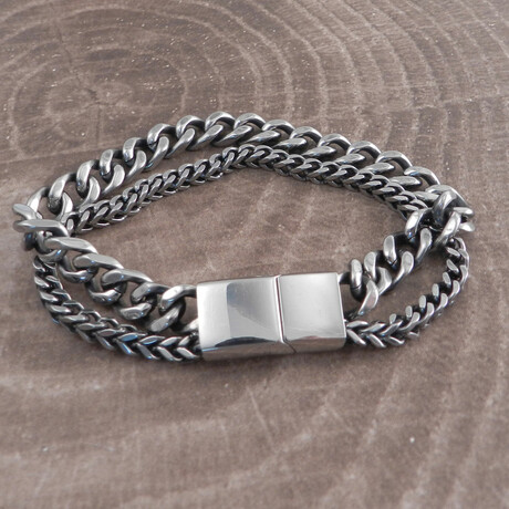 Franco + Cuban Link Stainless Steel Double Chain Bracelet // 8"