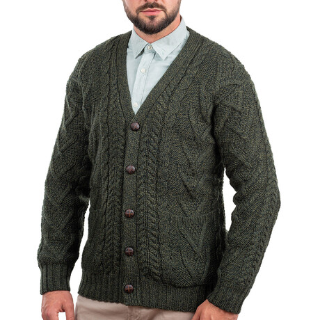 V Neck Cable Cardigan // Army Green (Small)