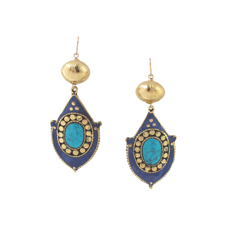 18K Gold Plated Brass + 14k Gold + Lapis + Turquoise Dangle Earrings // Store Display