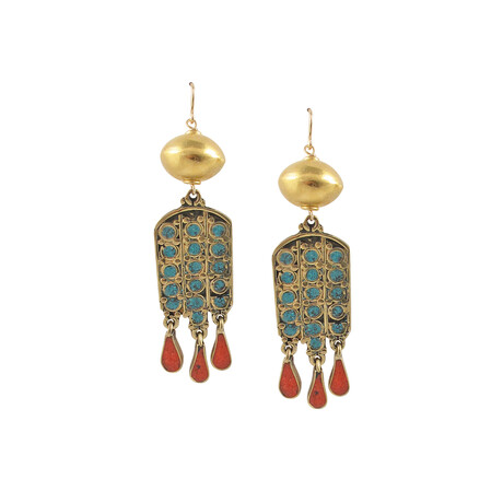 18K Gold Plated Brass + 14k Gold + Turquoise + Red Coral Dangle Earrings // Store Display