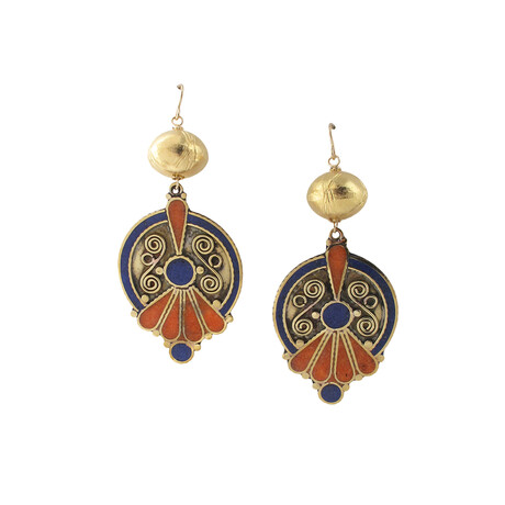 18K Gold Plated Brass + 14k Gold + Lapis + Red Coral Dangle Earrings // Store Display