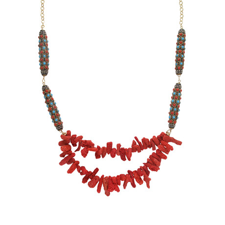 24K Gold Plated Brass + Red Sponge Coral Multi-Strand Necklace // 36" // Store Display