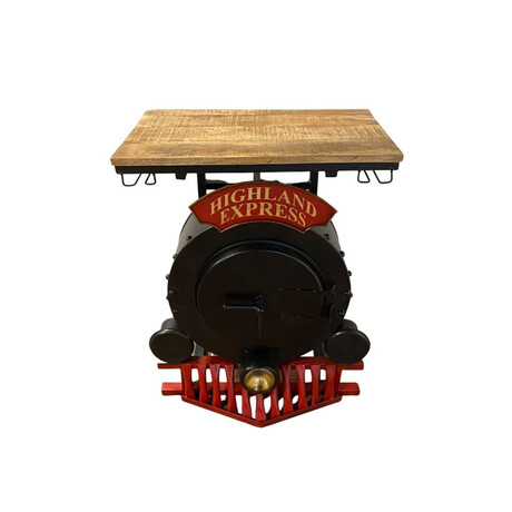 Metal Mango Wood Red and Black Steam Engine Bar Counter