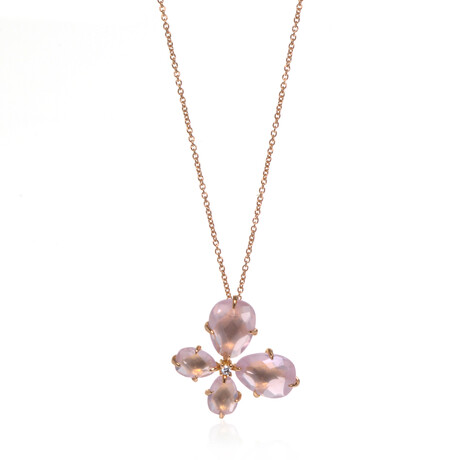 Mila 18k Rose Gold + Diamond + Pink Quartz Flower Necklace // 16.5"-17.5" // Store Display