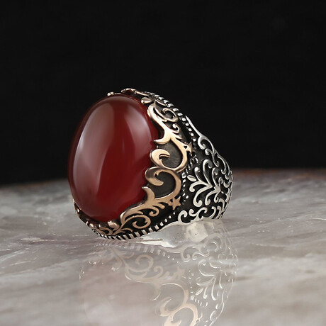 925 Sterling Silver + Red Agate Stone Ring (5)