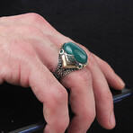 925 Sterling Silver + Green Agate Stone Ring (6.5)