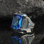 925 Sterling Silver + Emerald-Cut Blue Topaz Ring (6.5)