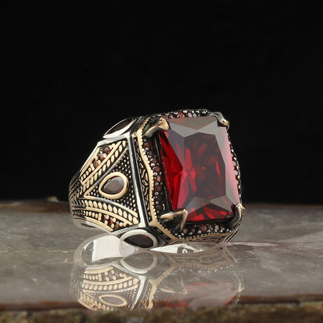 925 Sterling Silver + Red Gemstone Ring (9.5)